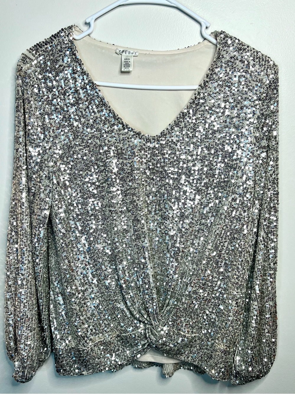 Spense Champagne Silver Sequin Twist Front Long Sleeve Party Top S